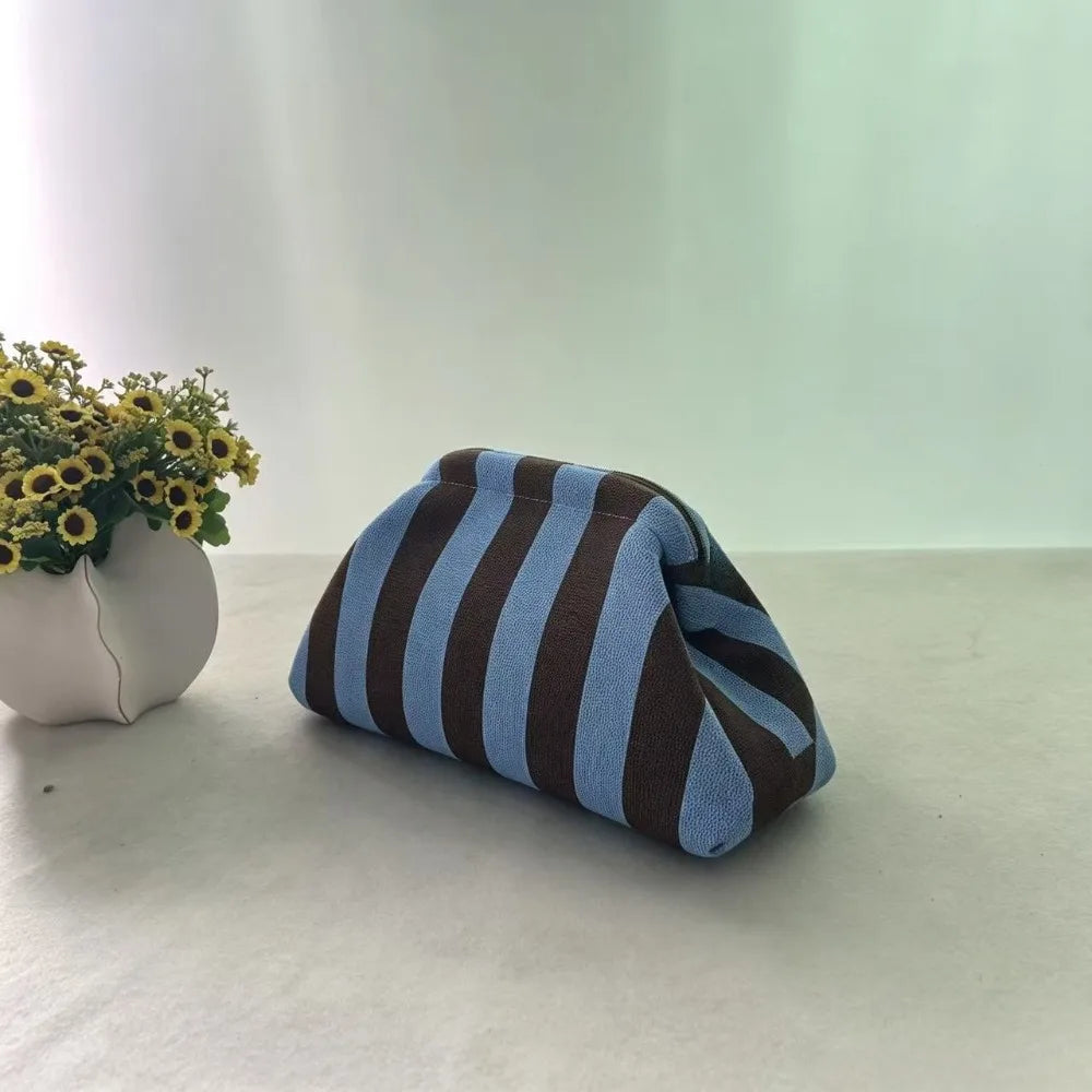 New bright-colored knit bag, thin striped fly-knit cloud, versatile elegant portable makeup bag, large-capacity handbag
