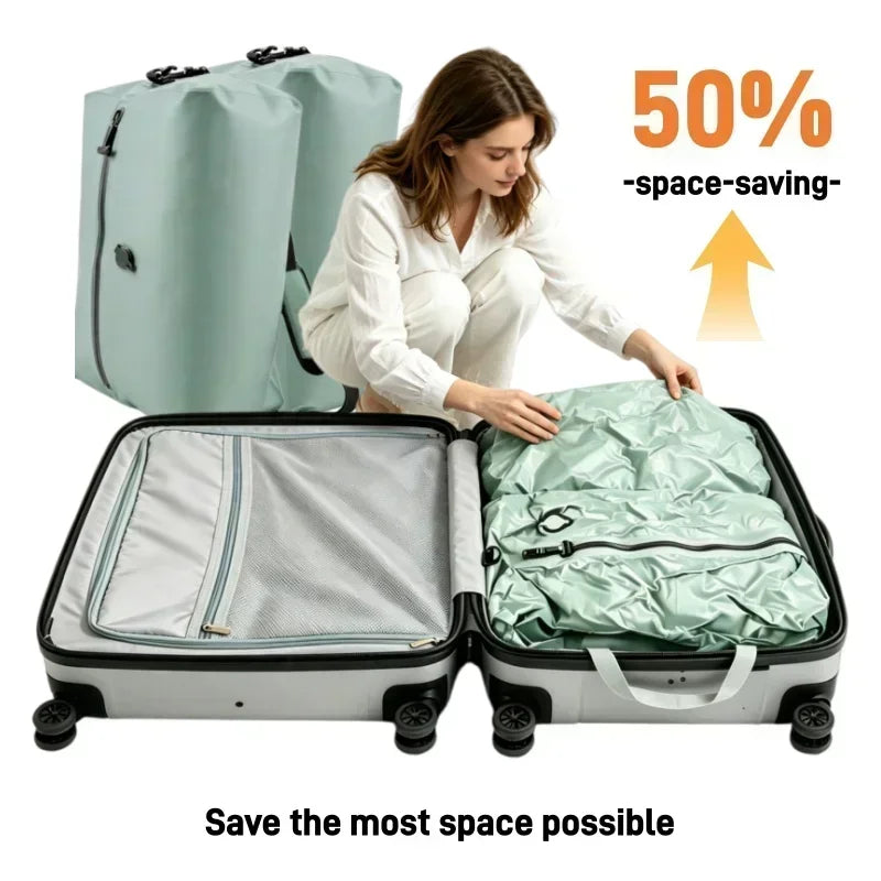 Travel Vacuum Compression Bags IP67 Waterproof PU Nylon Clothes Organizer USB Electric Pump 34L Space Saver Green Black