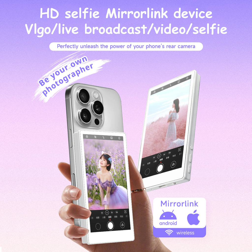 Vlog Selfie Monitor Screen Compatible with Phone, Magnetic Wireless Rear Camera Phone Monitor with 164FT Range, Live Streaming (White)