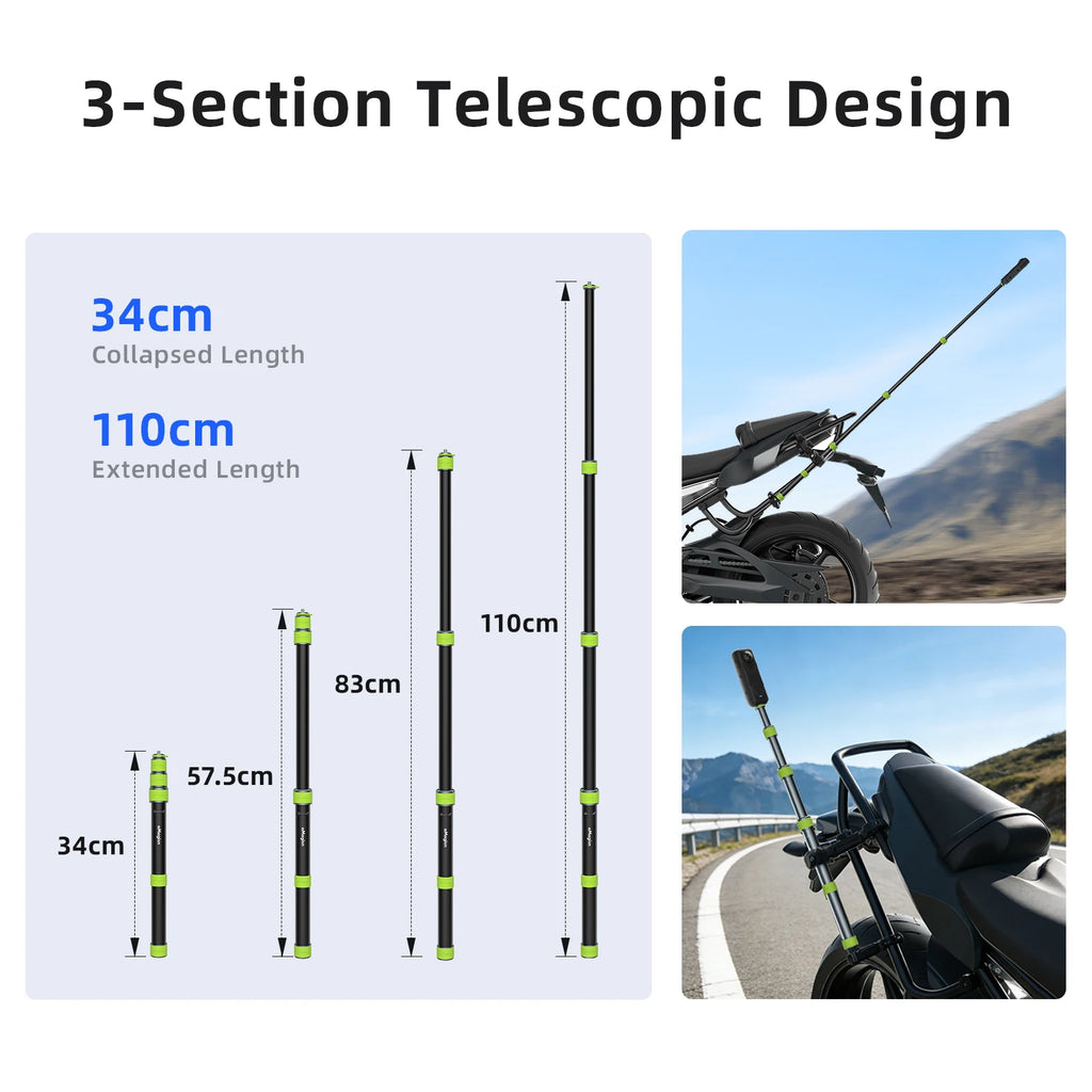 aMagisn Professional Motorcycle Selfie Stick 34-110cm Metal Pole 1/4Thread Trekking Pole Convertible Fits GoPro / DJI / Insta360