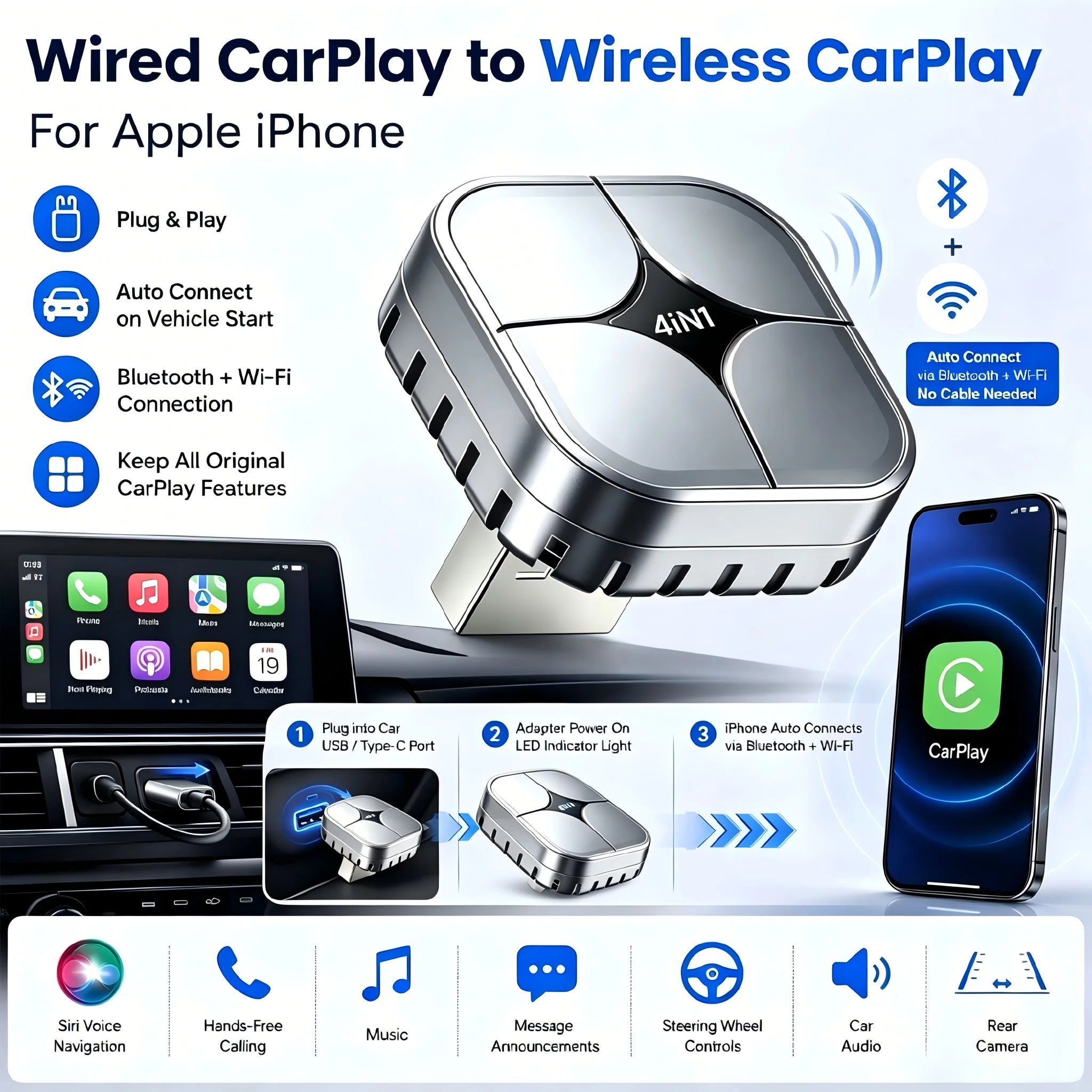 4 IN1 Car Wireless CarPlay Adapter Wired To Wireless Android Auto Dongle AirPlay Miracast Mirror Plug And Play Auto Connect