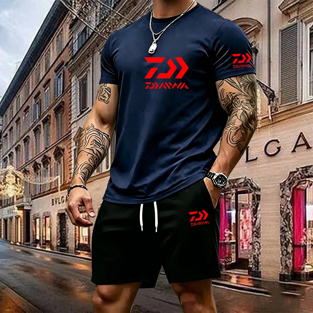 2026 Summer New Men's Fashion Outdoor Sports Set Printed Short Sleeve T-shirt+Shorts Loose Home Leisure Two Piece Set