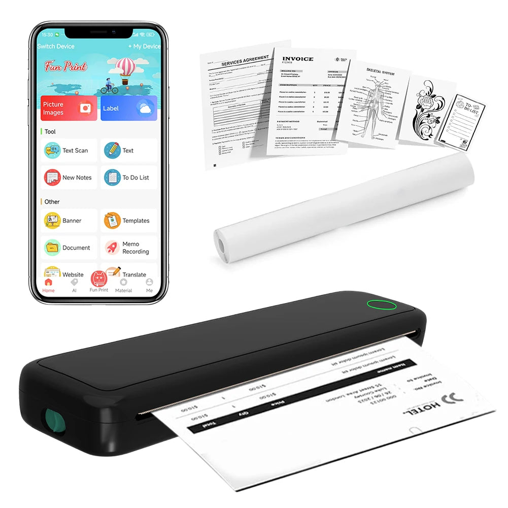 New Portable Mini A4 Printer No Ink Printing A4 Thermal Printer for Phone PC Tattoo Transfer Printer or 5PK Thermal Paper Rolls