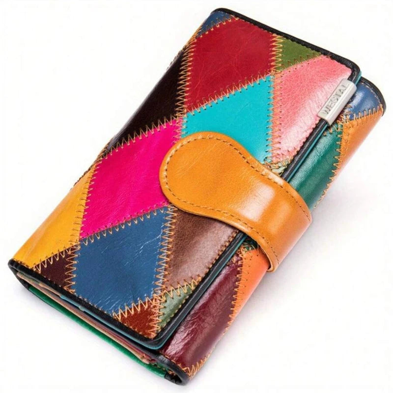 Elegant Ladies Handmade Bag Short Wallet Diamond/Grid Pattern Colourful Splicing Multi Card Position Head Layer Cowhide Ladies Coin Purse Christmas Gifts For Women