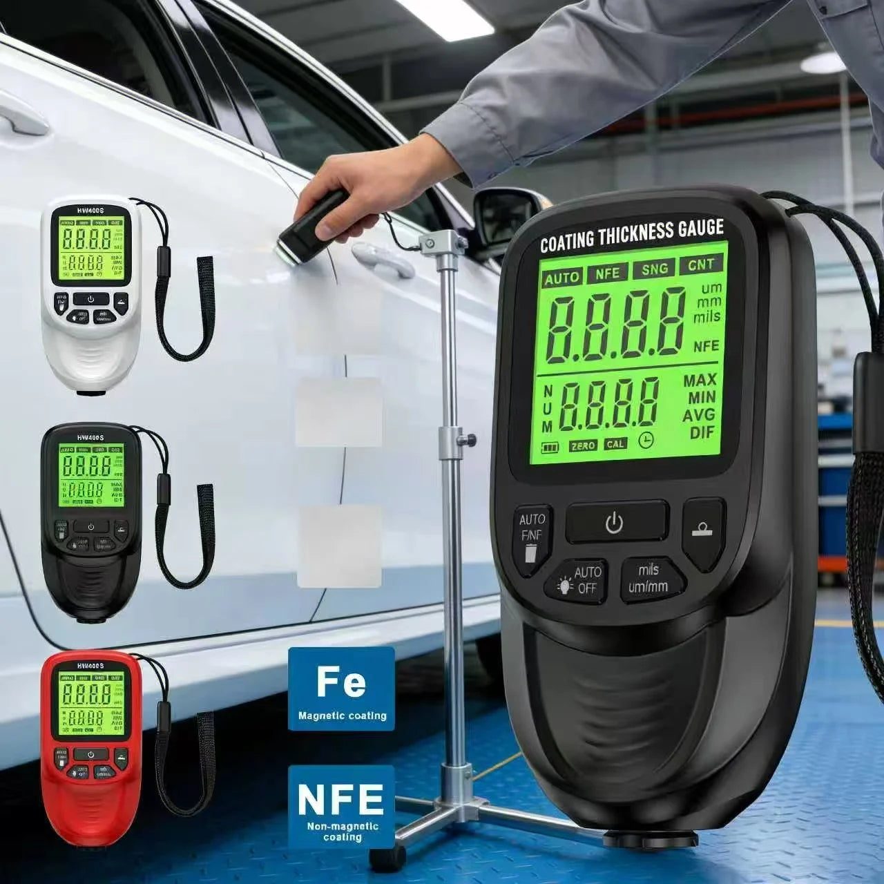 New HW400S Car Paint Film Tester Coating Thickness Gauge Car’s Original Coating Auto Car Paint Meter0-2000um Fe and NFe Probe