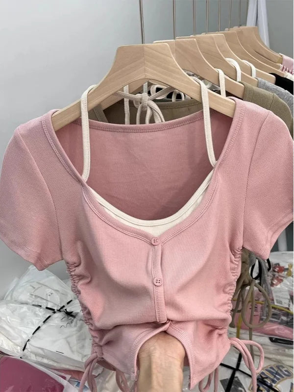 Sweet And Spicy Short Sleeve T-Shirt Neck Hanging Design Slimming Short Style Korean Version Commute Wind Women's Top