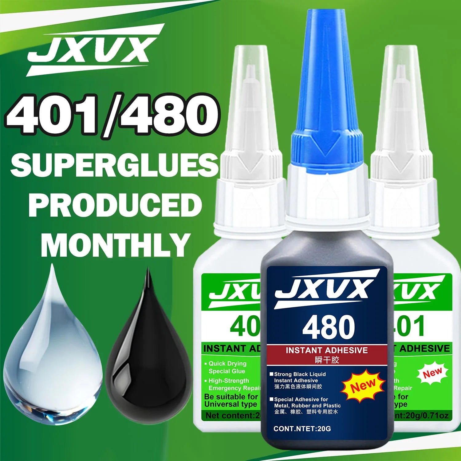 401/480 Clear/Black Super Glue Instant Quick-drying Cyanoacrylate Adhesive Leather Rubber Wood Metal Strong Bond Liquid Glue Tool Used For Diy Handicraft Repair Of Metal, Wood, Plastic and Ceramics.20g