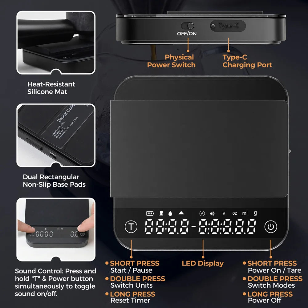 Portable Coffee Scale 0.1g Precision 0.3g-2000g, Flow Rate & Ratio Modes, 7H Battery Type-C, Tempered Glass, White & Black