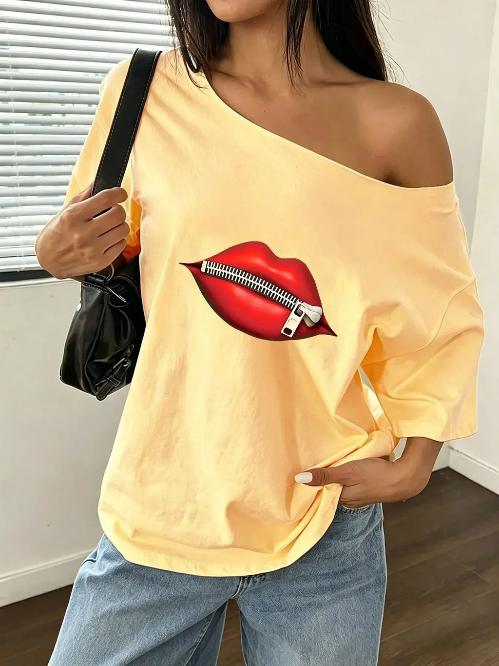 100% Cotton Plus Size Red Lips Zipper Print Shoulder Loose Print T-Shirt Oversized Y2K Style Graphic Tees Women Tops Summer O