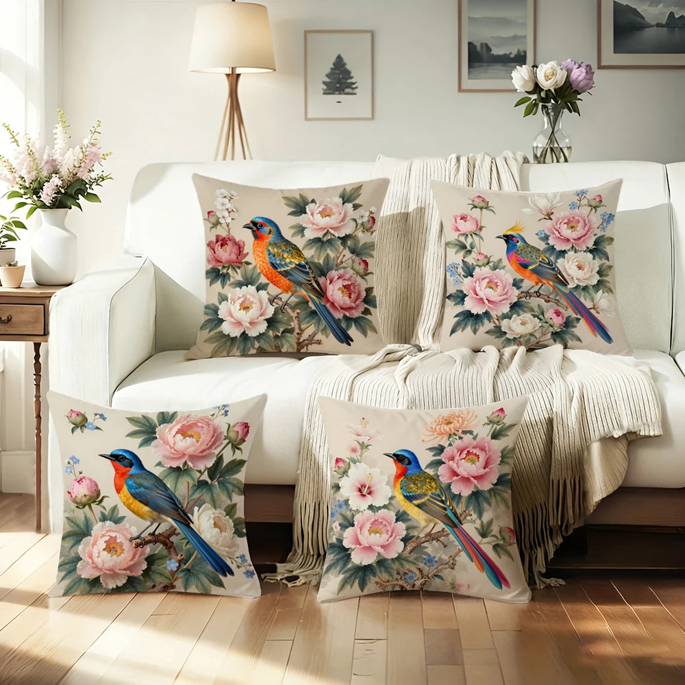 Floral Bird Print Double-sided Printed pillow cover Short plush Suitable living rooms bedrooms sofas throw cushion cover