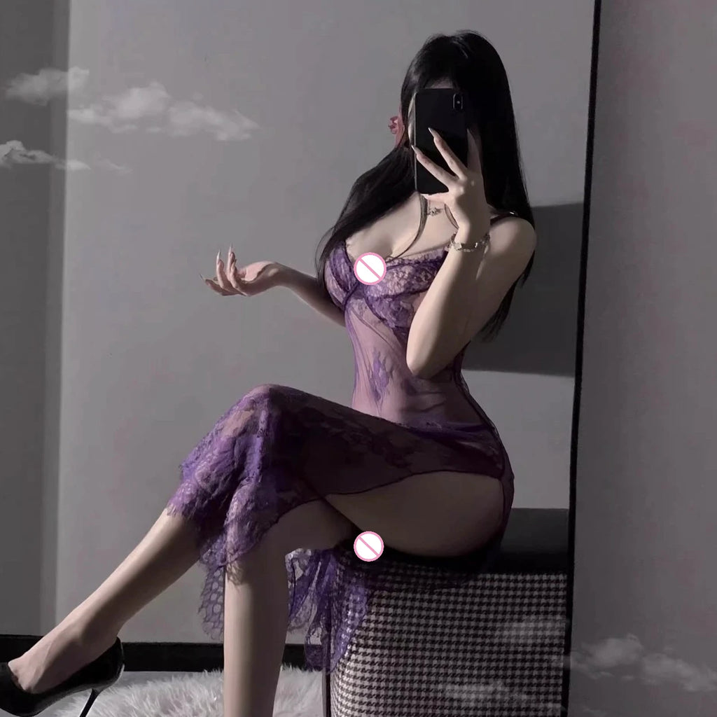 Purple Sexy Women Sheer Lace Slip Lingerie Set High Split Long Dress Cosplay Uniform Sleepwear Suitable for Small Bust Ladies