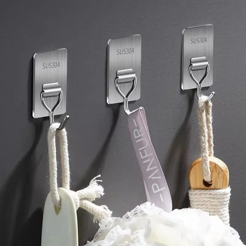 304 Stainless Steel Wall Hooks Self Adhesive Heavy Duty Towel Key Coat Bag Hanger Waterproof Hook Bathroom Kitchen Hardware Hook