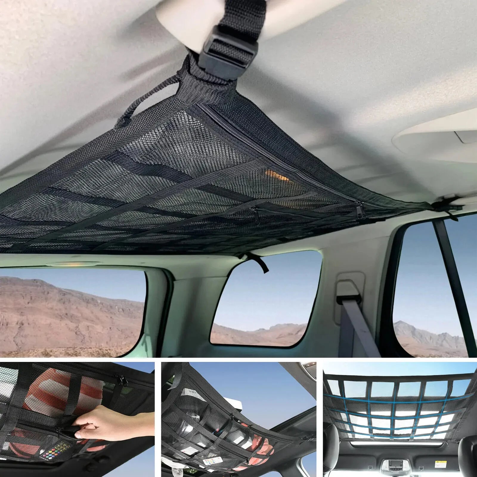 Car Ceiling Storage Net Interior Cargo Net Universal Trunk Pocket Storage Adjustable Car Bag Sundries Organizer Pouc