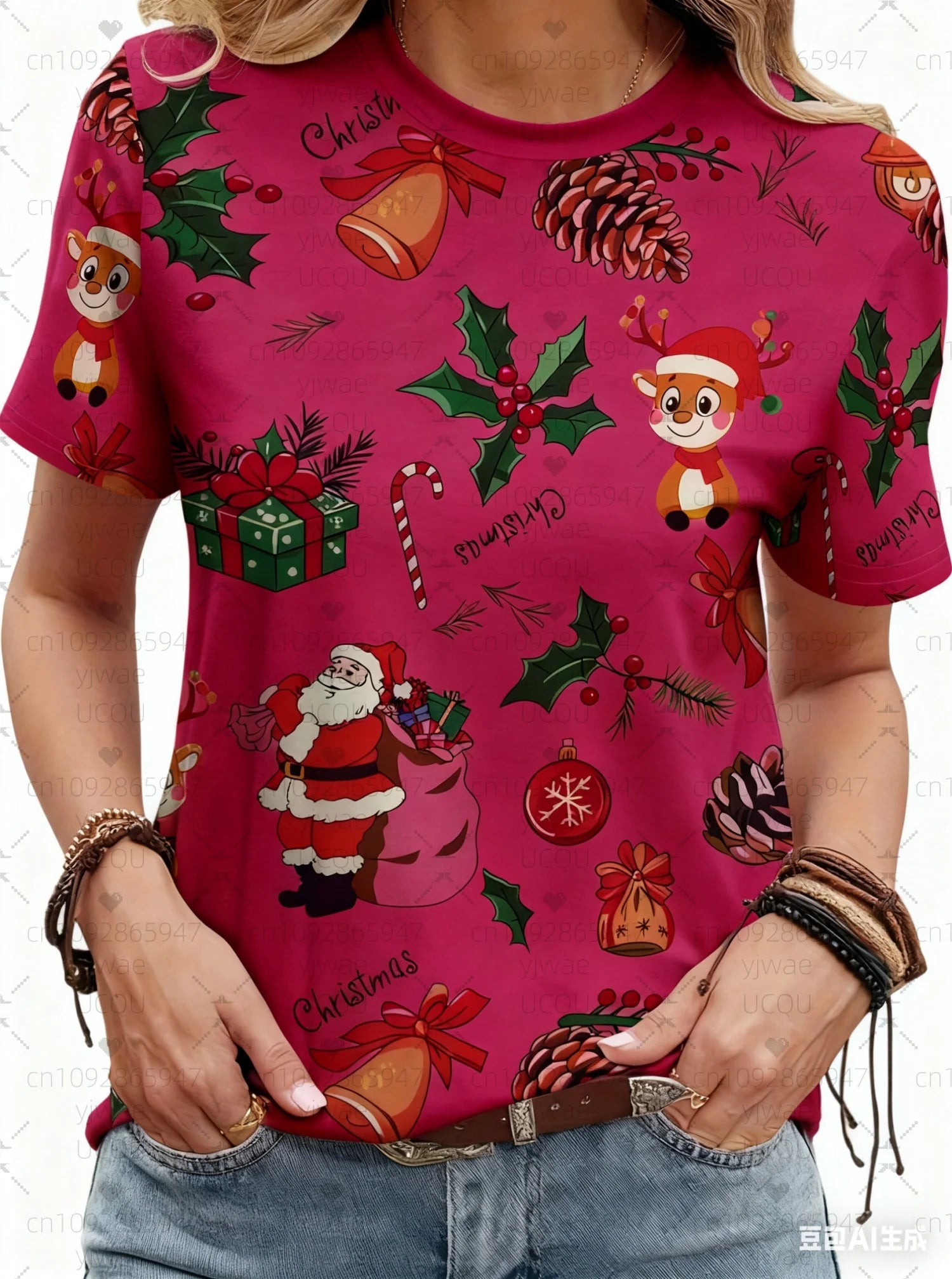 plus size Tee Casual Lightweight Sport Daily Tee ﻿ Christmas Santa Claus reindeer print Women O-Neck Short Sleeve T-Shirt