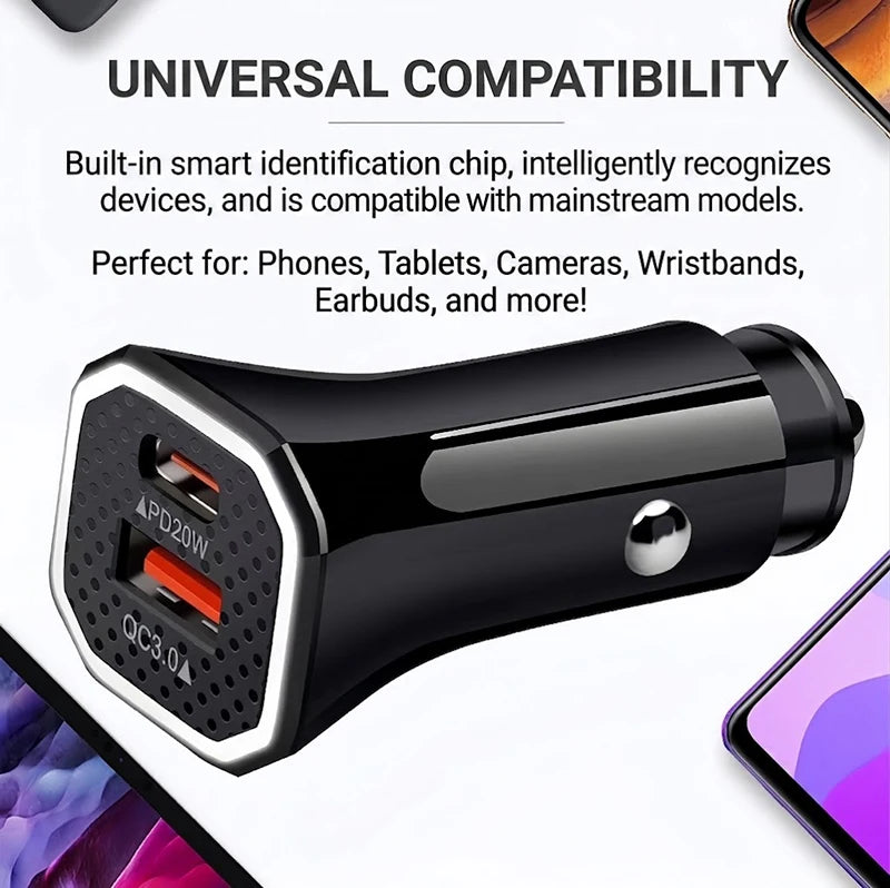 Fast Charging Auto Car Adapter 38W Dual Ports PD20W And QC3.0 Cigarette Lighter Plug With Ambient Light Ring For Mobile Phones
