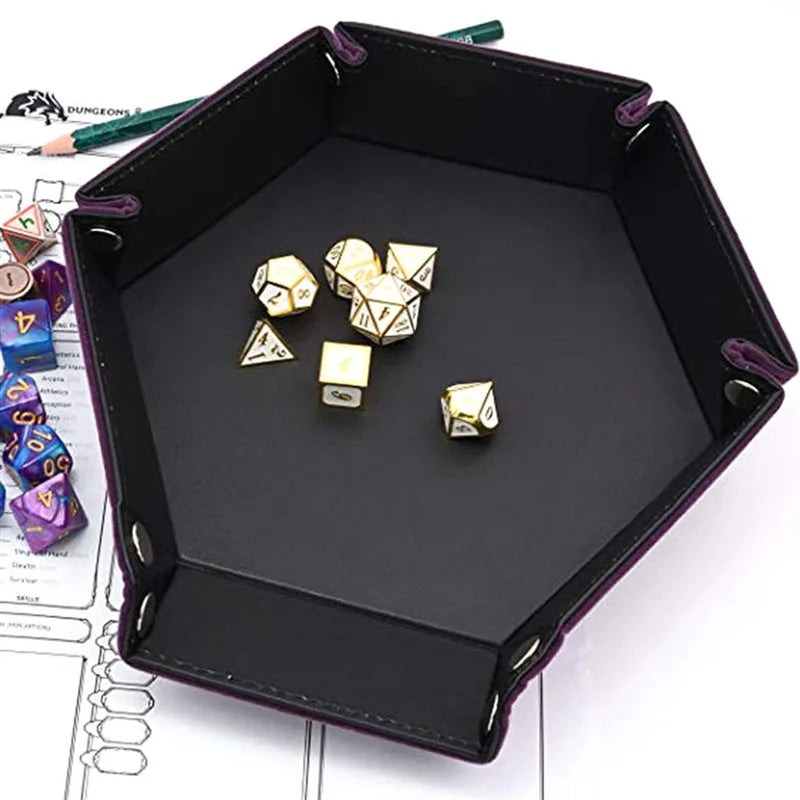Rolling Folding Hexagon Dice Game Storage Tray PU Leather&Velvet Mat Holder Double Sided Thick Office Supplies Storage Tools