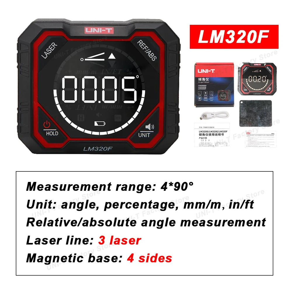 UNI-T LM320F/E/D Digital Inclinometer Laser Angle Meter High Precision 4x90° Relative & Absolute  Measure Magnetic Inclinometer
