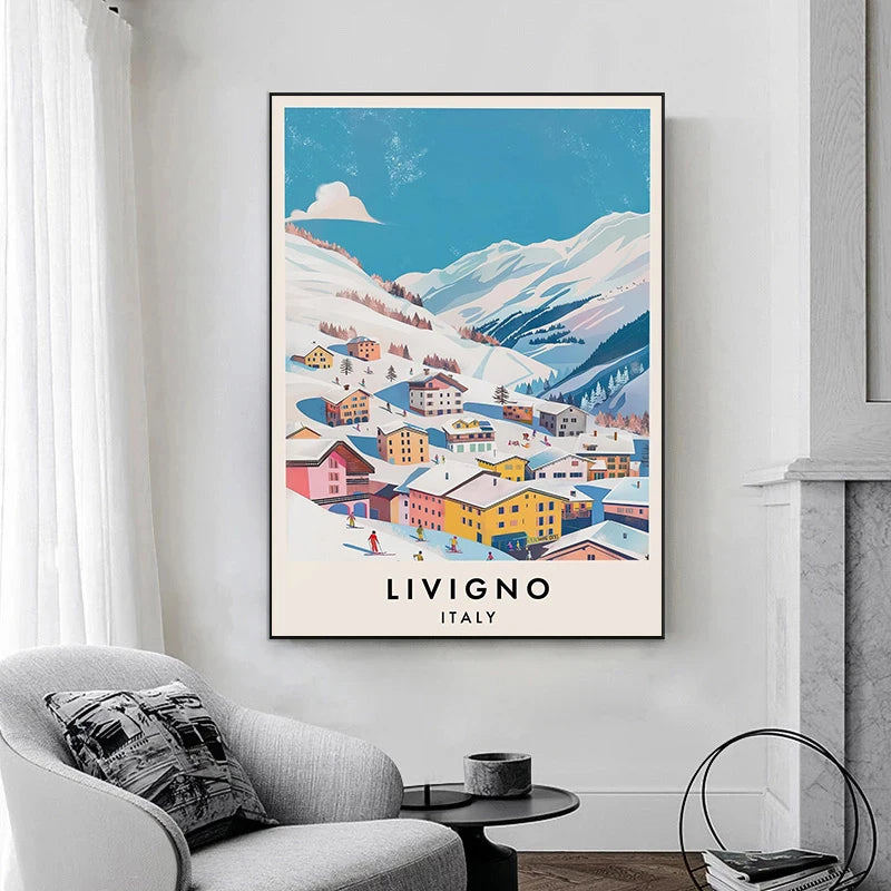 Famous Ski Resorts Travel Posters France Alpes Saint Anton Snow Mountain Prints Canvas Painting Wall Art Picture Home Room Decor