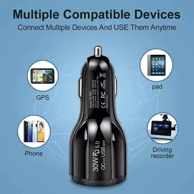 30W Car Charger Dual Port PD QC 5.0 USB Adapter Blue LED Glow Stable Metal Shrapnel Design For Smart Phones and Dash Cams