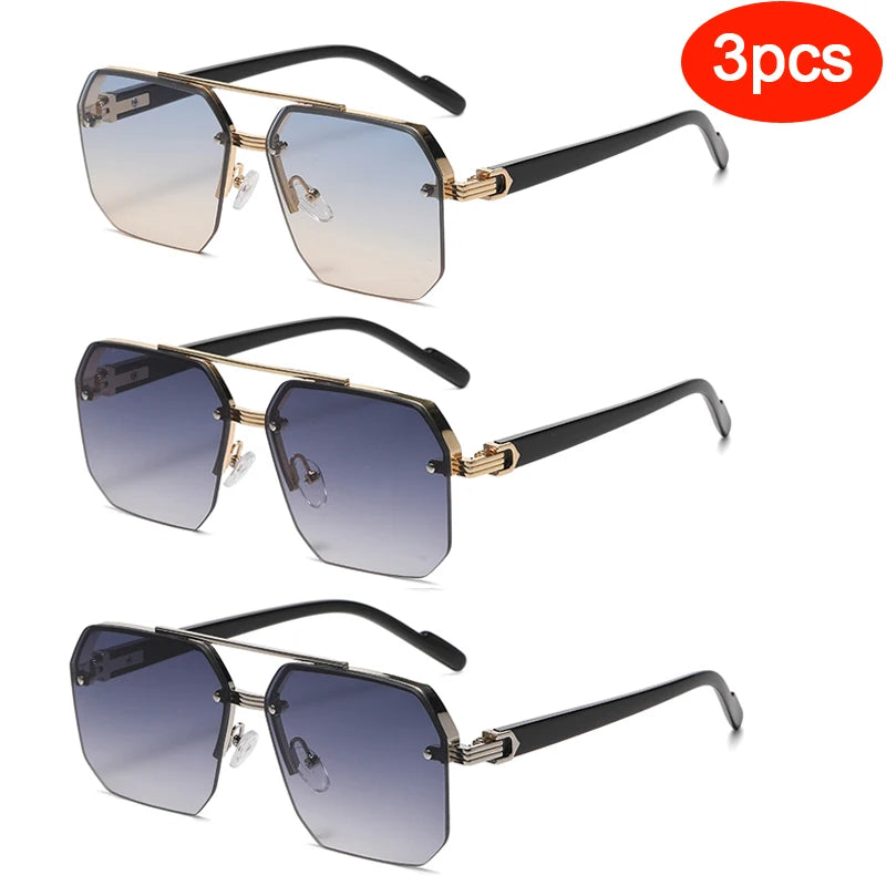 Hiking 3pcs Polygon Half-Frame Anti Light Glasses Fashion Metal Men Large Frame Shades Female Male Gradient Traveling Eyewear