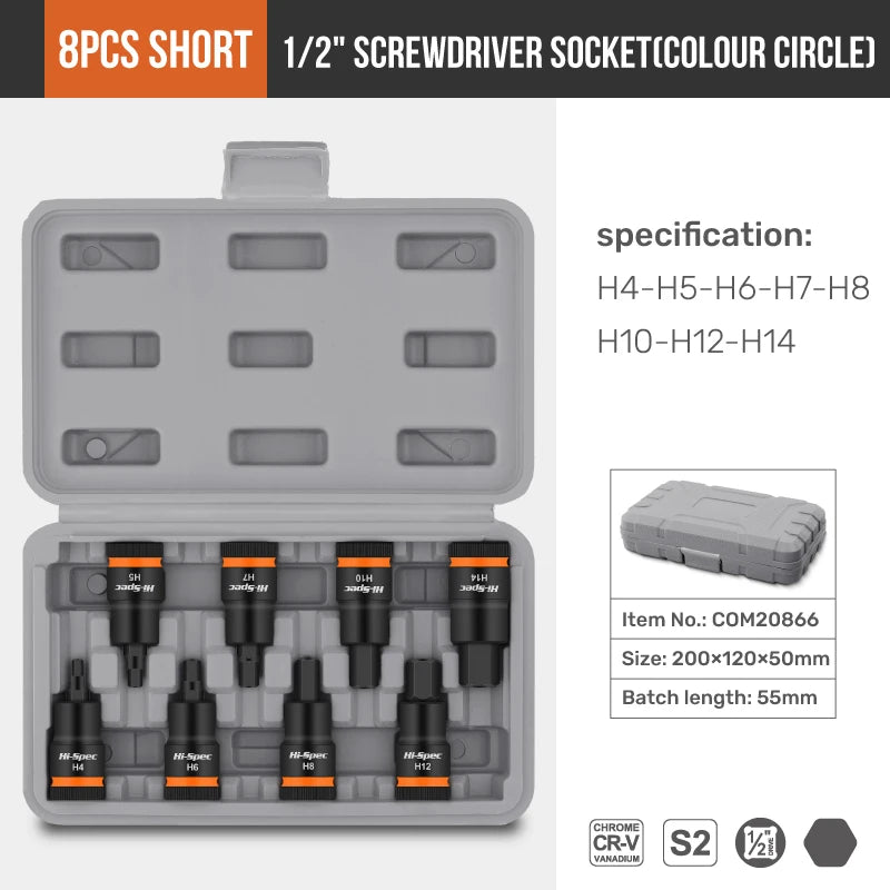 For Auto Repair,Hand Tools Mechanical Workshop Tool Hi-Spec 1/2 Inch Drive Impacts Socket Set Hex Bits H4-H17 CR-V Sockets Set