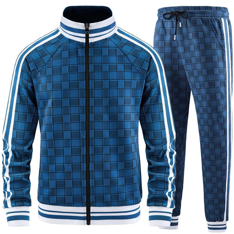 New Spring Autumn Plaid Printed Mens Zipper Jacket Sports Wear Sweatshirt Casual Outdoor Sports Checks Tracksuit Coat+Pant Set
