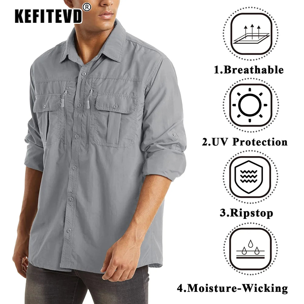 KEFITEVD Quick Dry Men's Hiking Shirts Zipper Chest Pocket Long Sleeve Cargo Shirts Lightweight Camping Trekking Fishing Shirt