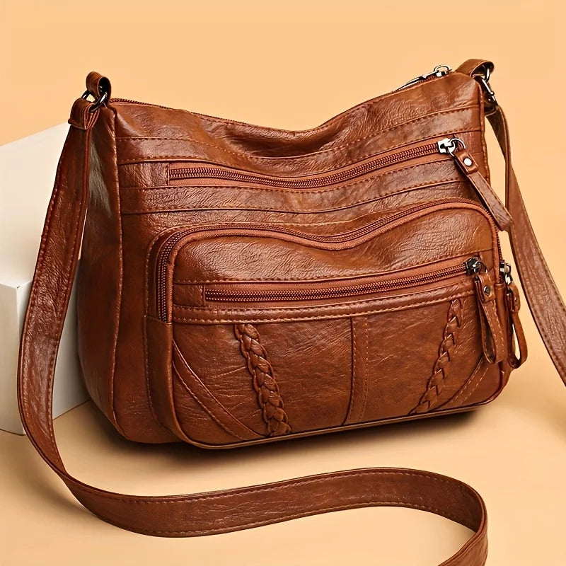 Vintage PU Leather Crossbody Bag, Retro Multi Layer Shoulder Bag, Fashion Handbag & Purse for Women's Work Travel Messenger Bag