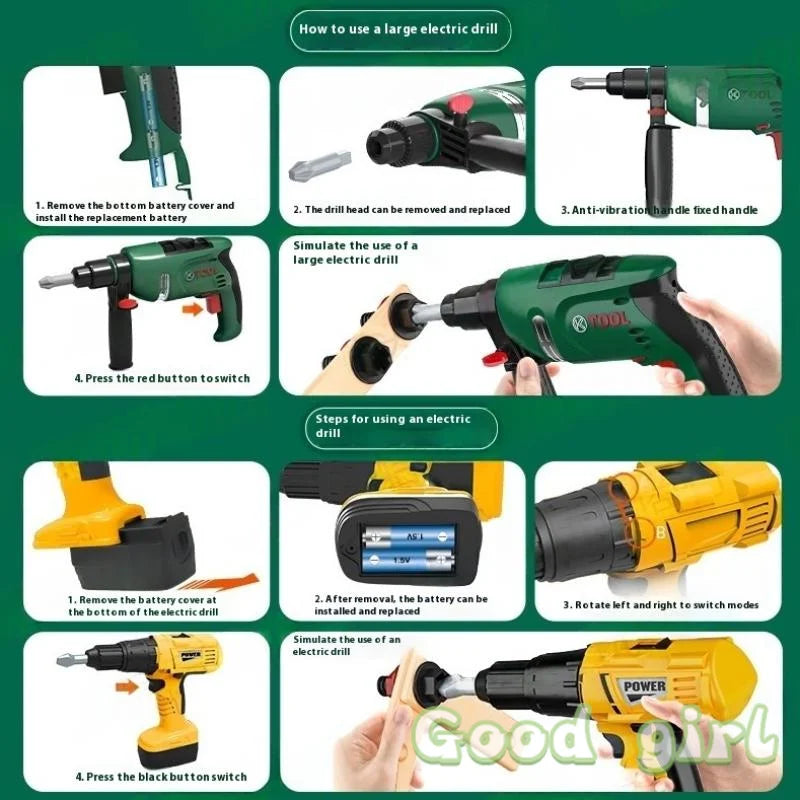 1 Set Toddler Electric Drill Screw Kits Kids Toy Simulation Electric Drill Kit With Real Sounds And Action Construction Tools
