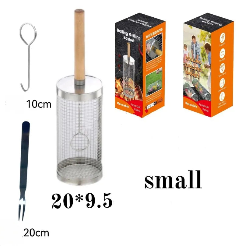 Rolling BBQ Cage with Wooden Handle - Outdoor BBQ Grill Basket | 304 Stainless Steel Grill Cylinder & Grill Net