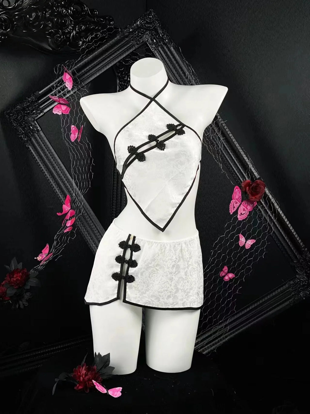 Sleeveless Two-piece Set Temptation Flirtatious Sexy Lingerie Chinese Style Neck Hanging Cheongsam Backless Lace Short Skirt Hot