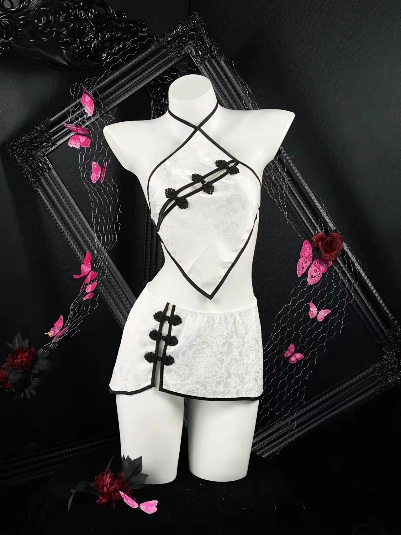 Sleeveless Two-piece Set Temptation Flirtatious Sexy Lingerie Chinese Style Neck Hanging Cheongsam Backless Lace Short Skirt Hot
