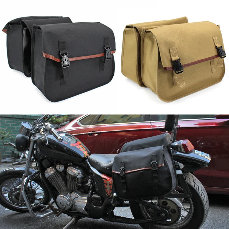 Double Pocket Canvas Throw Over Motorcycle Saddlebags Saddlebag Tool Bag Heavy-duty Waterproof Riding Side Bags, Black, Brown