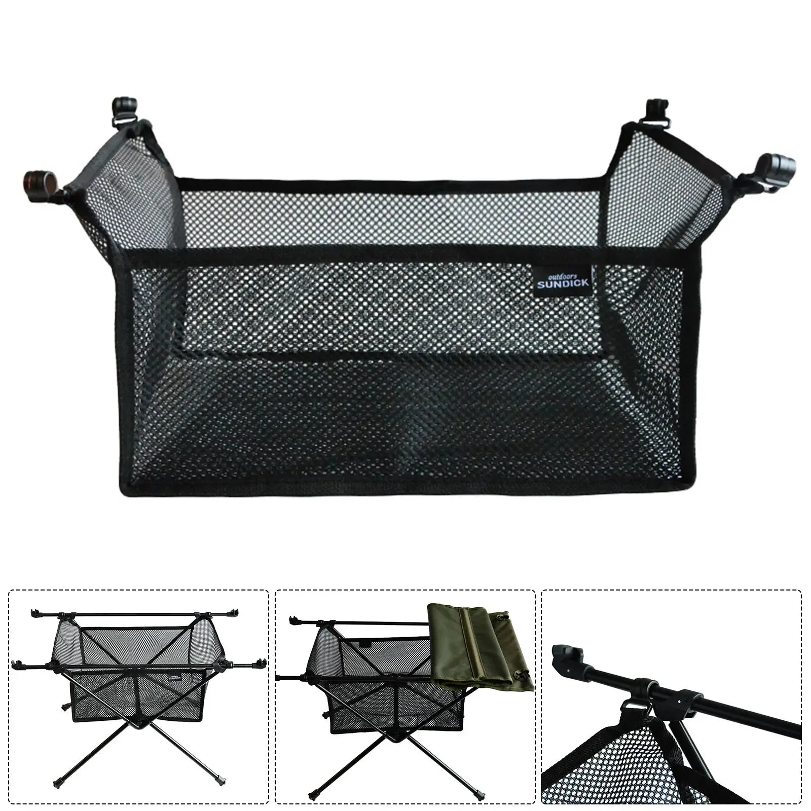 Camping Table Hanging Net Basket Folding Table Storage Rack Portable Mesh Bag Hook Holder for Outdoors Picnic Cookware Organizer