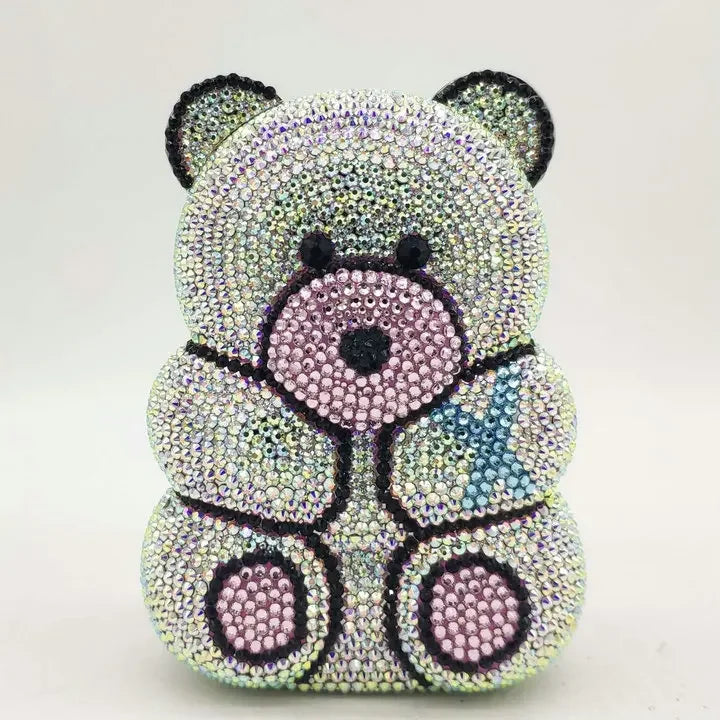 Boutique De FGG Brown Crystal Teddy Bear Evening Clutch Bags for Women Wedding Party Mini Minaudiere Purses and Handbags