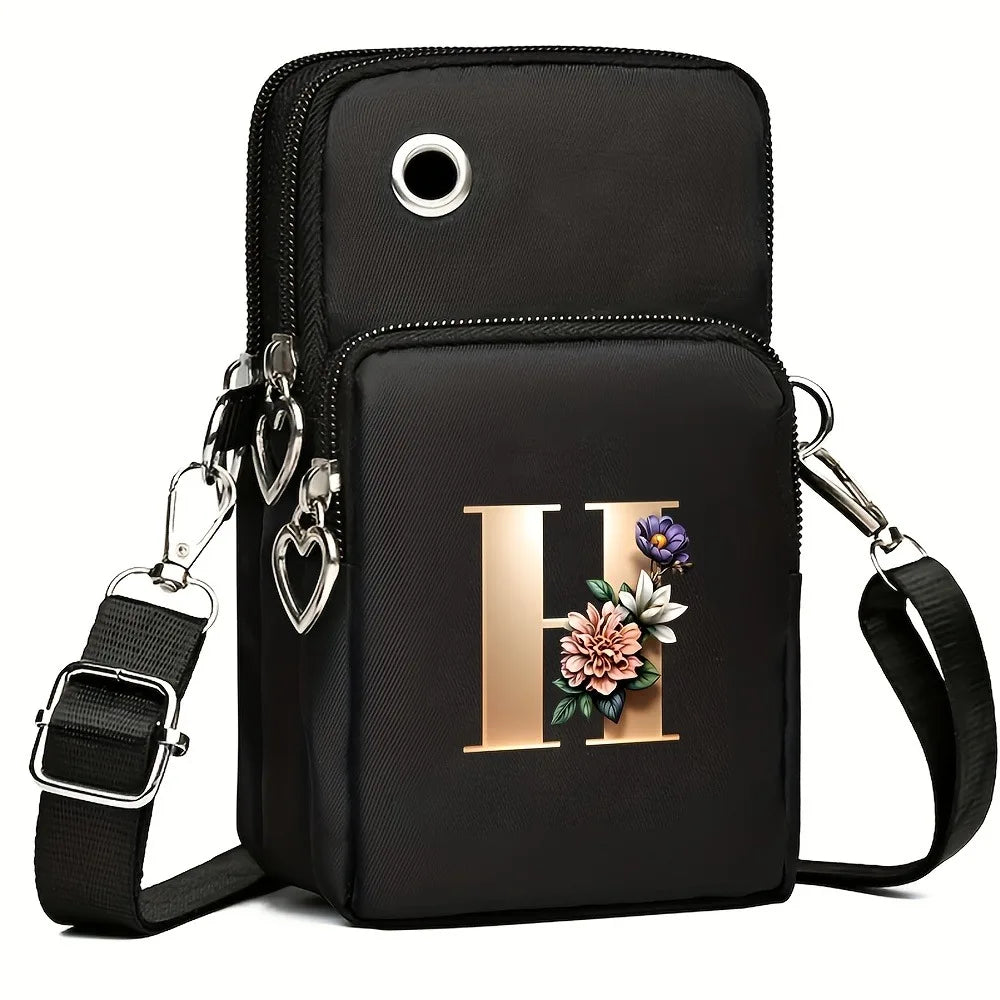 Fashion A-Z Letter Print Women's Crossbody Bag Large Capacity Three-Layer Zipper Phone Bag Daily Travel Coin Purse