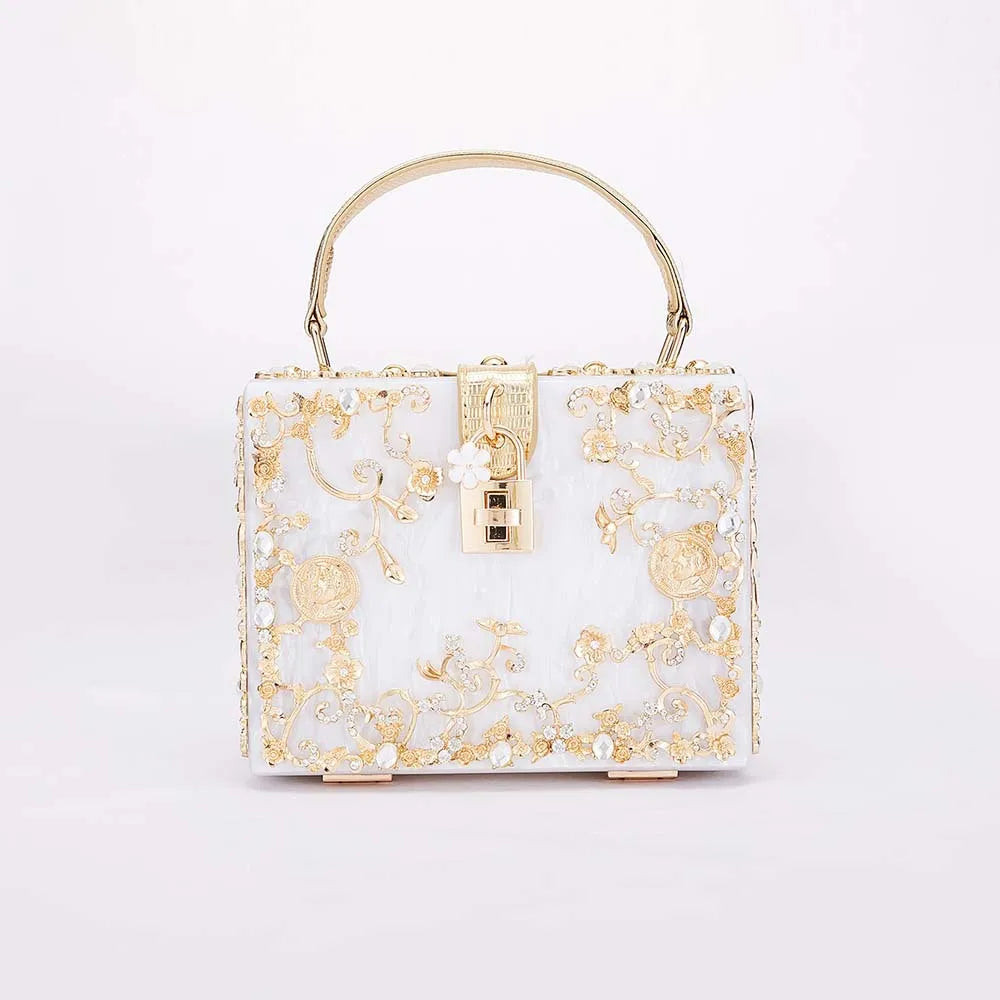 Luxury Acrylic Crystal Evening Bag Female New Hollow Out Metal Carved Flower Diamond Handbag Box Chic Shoulder Crossbody Bag Sac