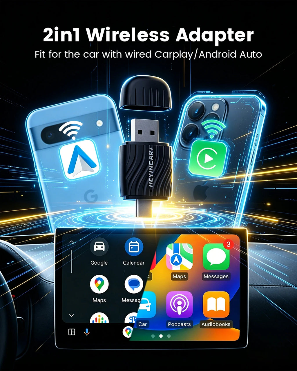 HEYINCAR 2-in-1 Wired to Wireless CarPlay Adapter Plug and Play CarPlay Box Android Auto Adapter Fast Connect Wifi BT Connect