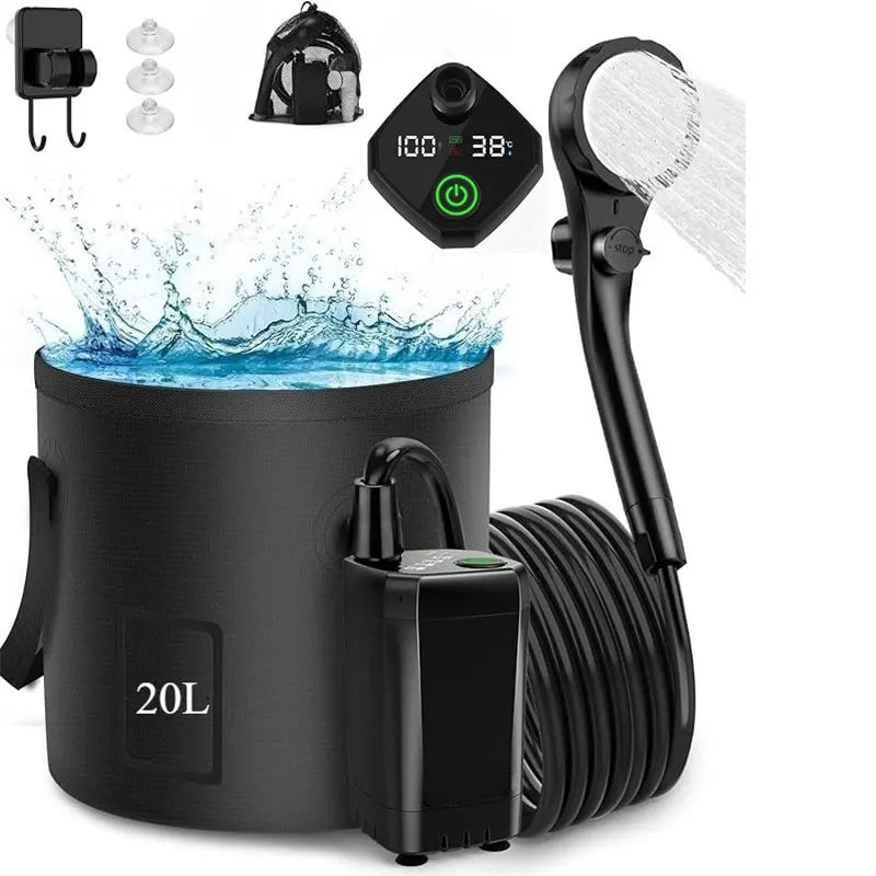 Portable Camping Shower with Rechargeable Pump - 6000mAh Outdoor Shower Kit W/ 20L Foldable Bag for Travel, Garden & Car Wash