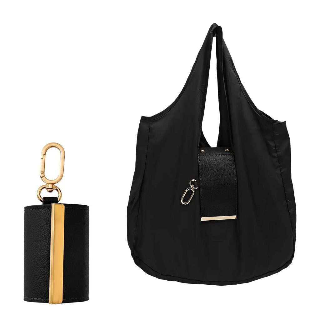 Foldable Tote Bag Women Large Capacity Shoulder Bag Portable Keychain Design Shopping Bag PU Fabric Lightweight Travel Grocery