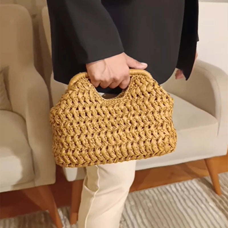 Natural Fiber Snap Clutch Bag,Spanish Seaside Women's Straw Woven Handbag,Summer Beach Travel Vacation Evening Elegant Purse