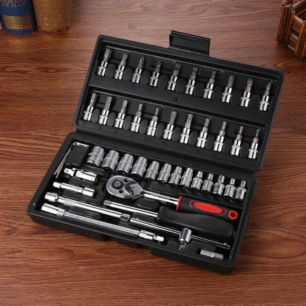46Pcs Drive Socket Set 1/4 inch Ratchet Wrench Set Sockets Metric Hex Bit Socket Set Mechanic Tool Kit for Auto Repair Hous