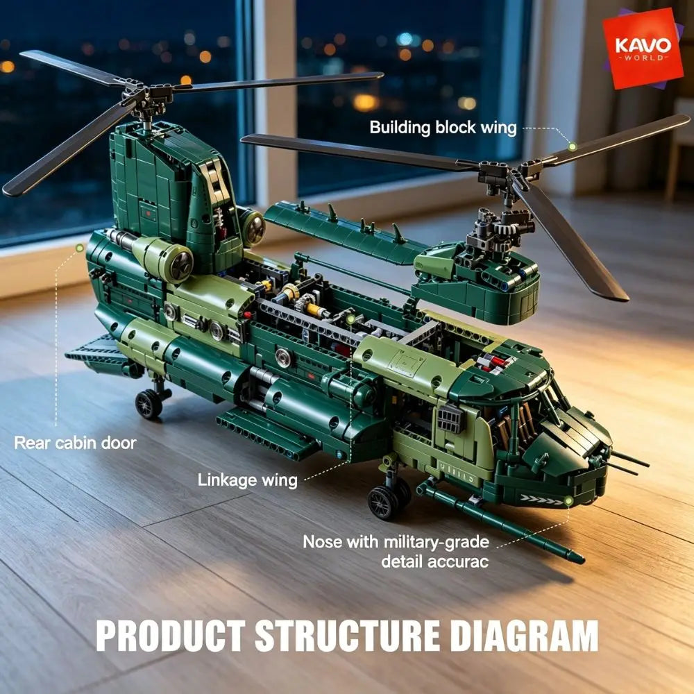 KAVOWORLD 1826pcs 32inch Large-Scale Heavy Transport Helicopter Building Block Model Set Easy DIY Assembly Aircraft Building Bricks Model Tandem Rotor Construction Kit Display Toy As Halloween Christmas Thanksgiving New Year'
