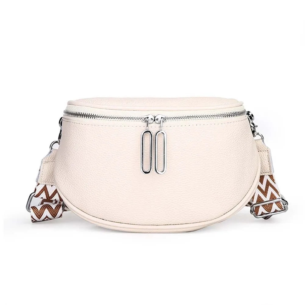 Bum Bag Leather Crossbody Bag Cowhide Texture Double Zippers Saddle Bag Jacquard Strap Solid Color Chest Pack Outdoor Travel
