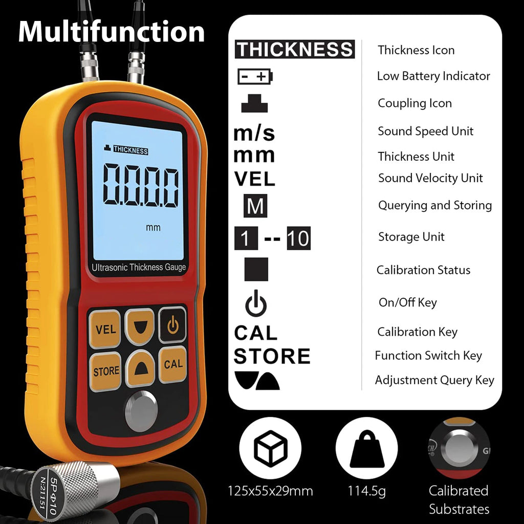 Digital Ultrasonic Thickness Gauge, Metal and Glass Tools, Data Retention, Alarm Kit, GM 100, 1.0-300mm