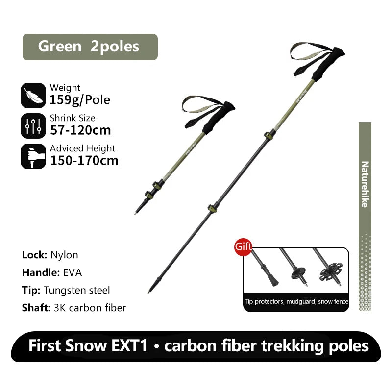 Naturehike Walking Stick First Snow EXT1 Carbon Fiber Hiking Poles 3 Section Ultra-light Telescopic Outdoor Climbing Hiking Cane