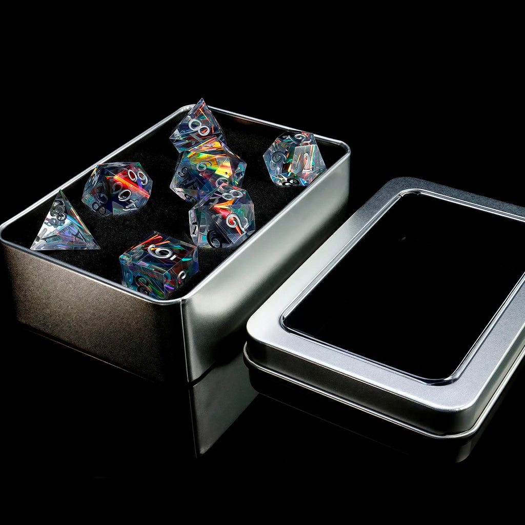 7-Piece Transparent Reflective Resin Polyhedral Dice - For Outdoor Games, Board Games, Holiday Gifts, With Gift Box Packaging