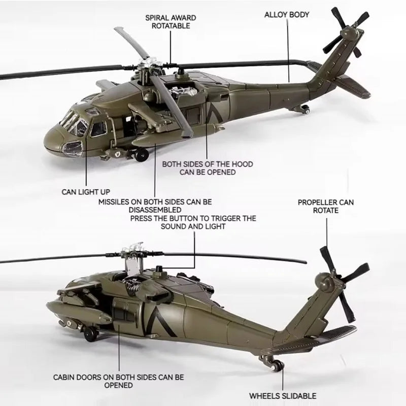 UH-60 Combat Helicopter Simulation Diecast & Toy Vehicles Sounds & Light 1:64 Alloy Military Collection Model Metal Airplane