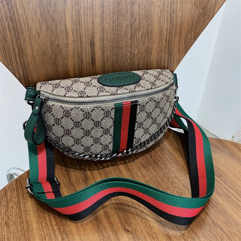 Classic Geometric Pattern Fashion Crossbody Bag Lightweight Zipper PU Adjustable Striped Strap Waist Bag for Commute