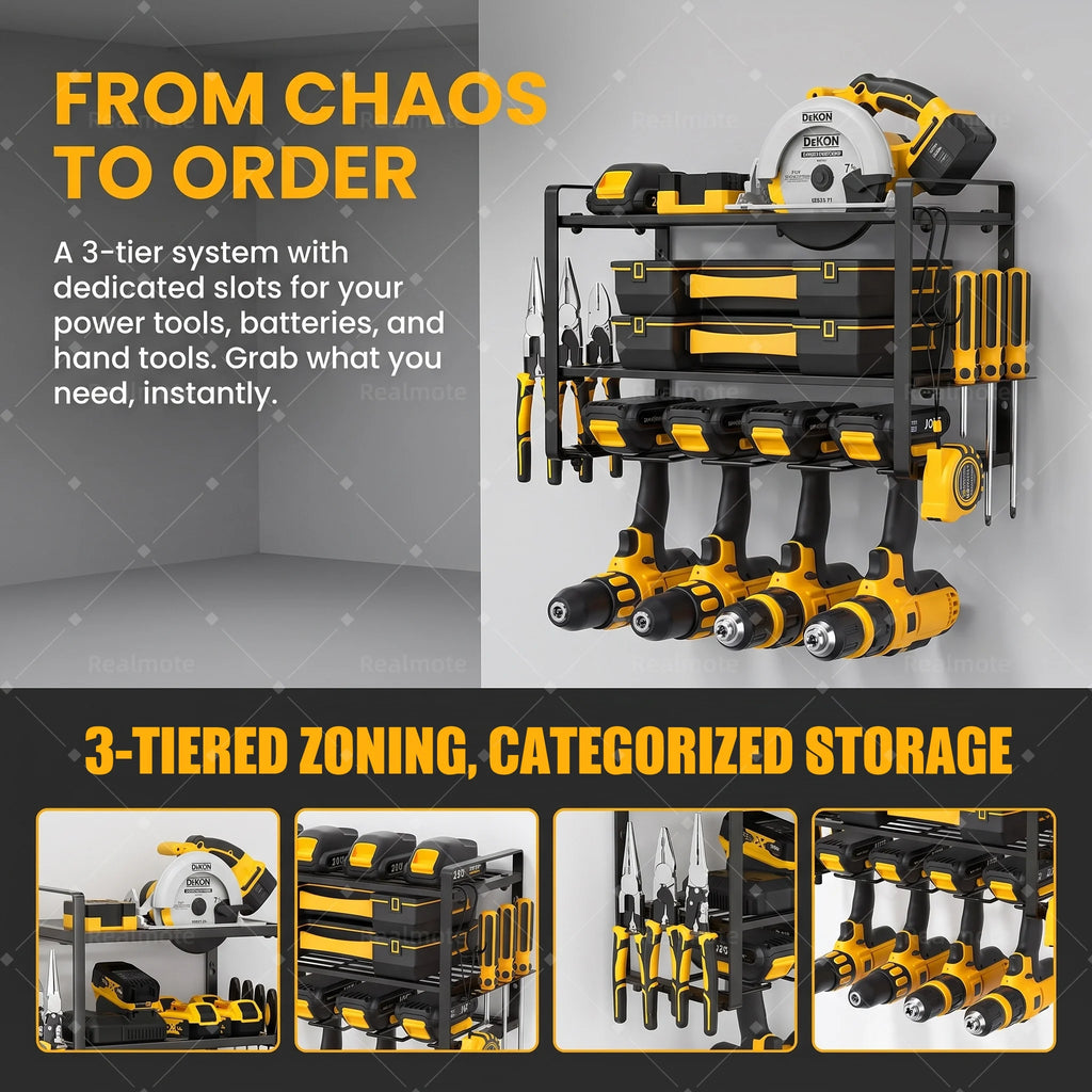 100lb Heavy Duty Wall Mounted Power Tool Organizer Rack, Alloy Steel Drill Stand Garage Storage Shelf for Workshop Shed